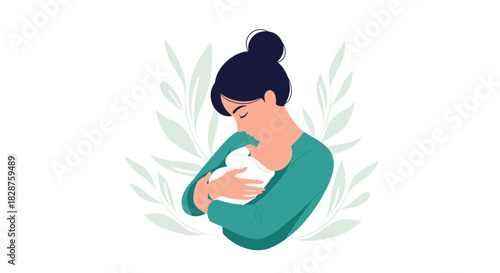 A tender moment captures a loving mother gently cradling her newborn baby with closed eyes, expressing profound affection and maternal bond.