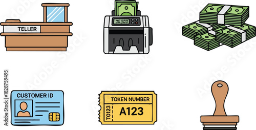 Banking and Financial Services Icons Teller, Money Counter, ID Card and Token Vector Graphics