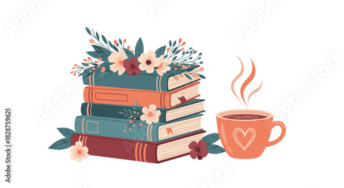 Cozy illustration of stacked books with flowers and a steaming cup of tea featuring a heart design, perfect for a relaxing reading session.