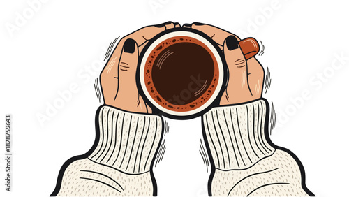 Vector illustration of hands gently holding a warm coffee mug, symbolizing comfort, mindfulness, relaxation, and cozy moments. Soft pastel colors, smooth clean lines, flat modern style, emotional warm