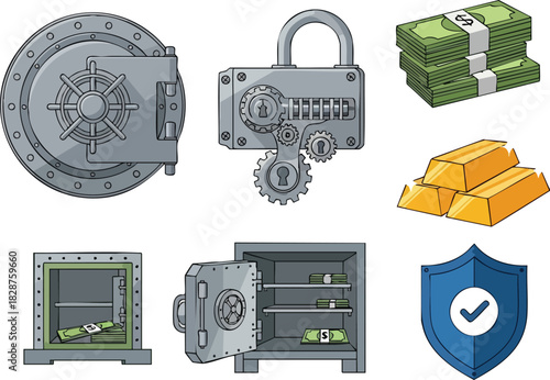 Secure Financial Assets Vaults, Gold, and Cash Protection Vector Art