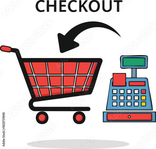 Checkout process illustration with shopping cart and vintage cash register