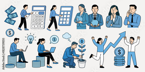 Future money savings and investment planning illustration set