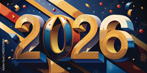 Golden 3d 2026 numbers with festive confetti and ribbons