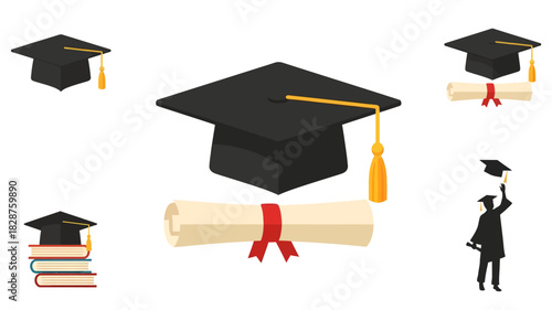 Graduation caps and diplomas illustration for academic achievement and success