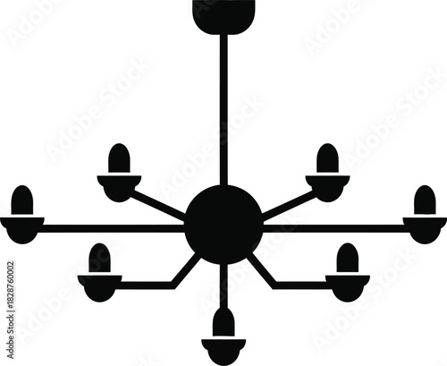 A simple black silhouette of a multi armed chandelier with six lights hanging from the ceiling
