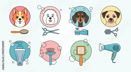 A collection of cute cartoon dog illustrations with various grooming tools for pet care and hygiene services, presented in a playful style.