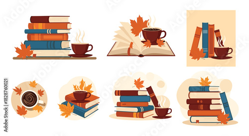 Collection of autumn-themed illustrations featuring stacks of books, open books, cups of steaming hot drinks, and fall maple leaves.