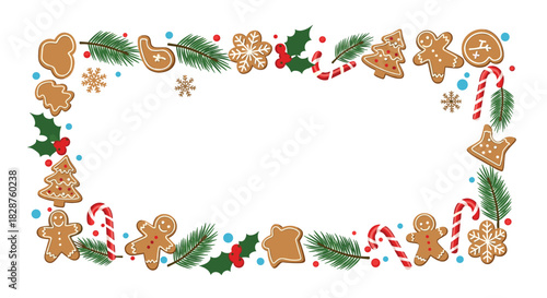 Festive Christmas border with gingerbread cookies, candy canes, pine branches, holly, and snowflakes, perfect for holiday cards and decorative designs.