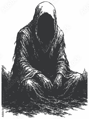 Dark silhouette illustration of a mysterious hooded figure