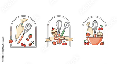 Charming collection of baking-themed illustrations featuring essential kitchen tools, delicious cupcakes, and fresh fruits within decorative arched frames.