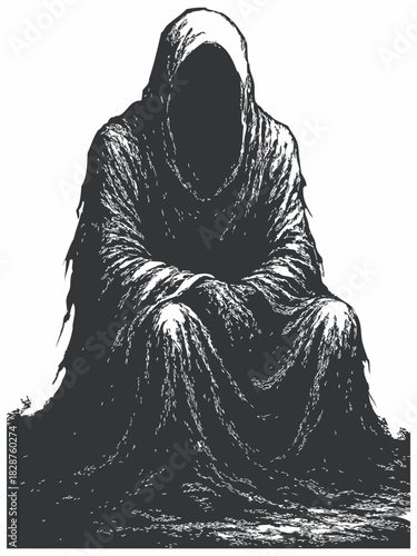 Dark silhouette illustration of a mysterious hooded figure