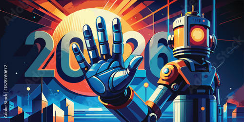 Robotic hand and futuristic robot celebrate the year 2020 with bright lights