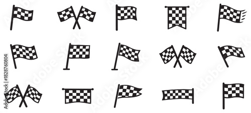Racing Stripes Checkered Flag Vector Set. Black, White Racing Banner Vectors Speed Lines, Flags, Track Icons. Race Track, Flag Vector Set. Vector illustration