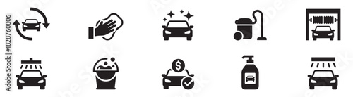 Car wash icons set. Auto car detailer icon. Washing, drying, polishing car parts. Automatic and self-service washing. Vector illustration. EPS 10