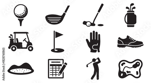 Golf icon set. Golf and golfing sport elements or items. Vector Illustration. EPS 10 