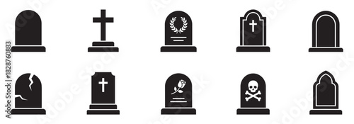 Tomb stone icon. Tombstone icon set silhouette on white background. Vector Illustration.