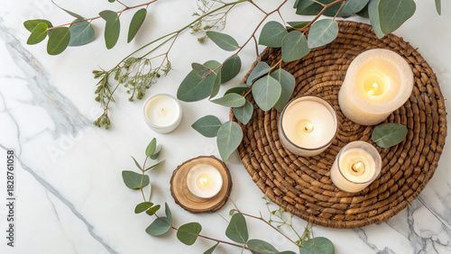 Wallpaper Mural Elegant arrangement of candles and greenery on a marble surface for a calming atmosphere Torontodigital.ca