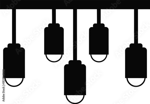 Modern minimalist pendant light fixture with five hanging cylindrical lamps silhouette