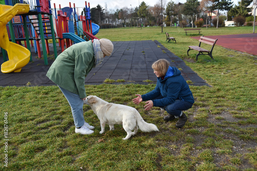 Two women petting a white dog in an outdoor park