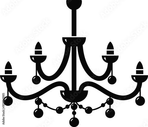 Elegant black chandelier with five candle shaped lights and hanging crystal beads silhouette