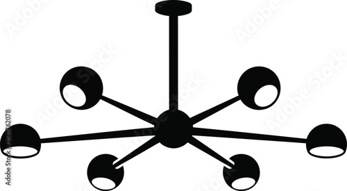 Modern sputnik chandelier with six arms and spherical lights silhouette
