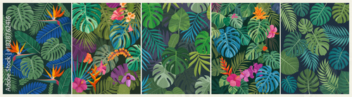 Vibrant tropical jungle vector with monstera, palm leaves, hibiscus, orchids, and heliconia in five vertical panels. Lush, colorful, modern foliage pattern with depth and symmetry