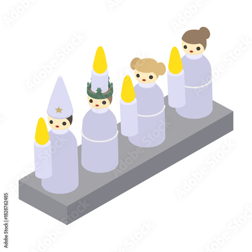 Electric candlestick with Saint Lucy procession - hand drawn isometric vector illustration.