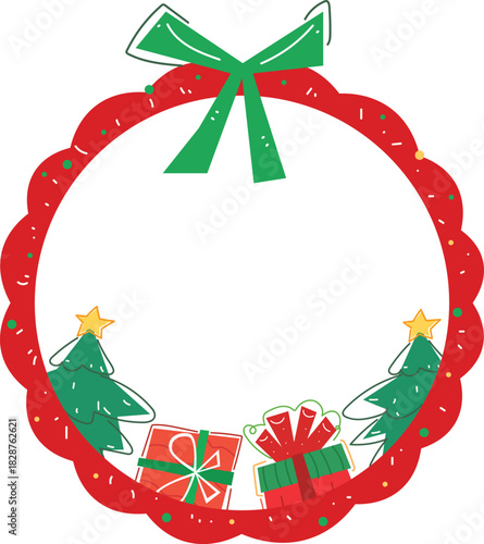 Red Christmas Wreath Frame Gifts Trees Festive Doodle Border Green Ribbon Decor Minimalist Holiday