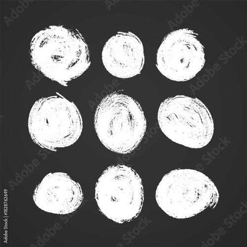 Set of chalk hand drawn circles, around design elements on blackboard Collection of chalked grunge vector hand drawn elements and banners isolated on darck background