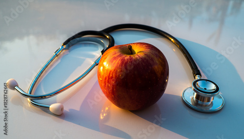 Red Apple and Medical Stethoscope on a Reflective Surface with Sunlight health