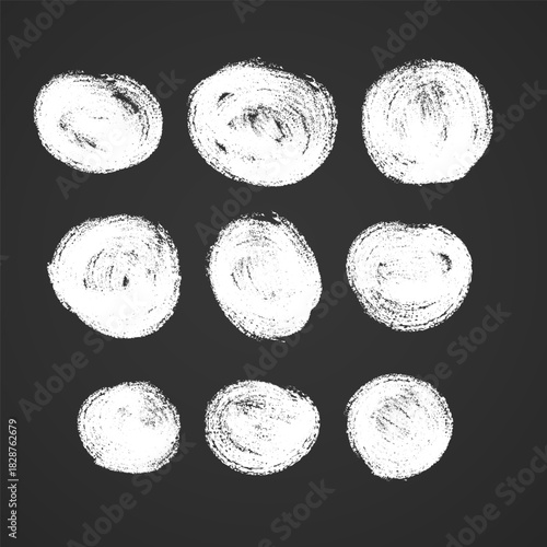 Set of chalk hand drawn circles, around design elements on blackboard Collection of chalked grunge vector hand drawn elements and banners isolated on darck background