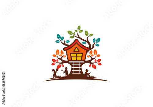 Treehouse Kids Logo – Playful Children & Colorful Tree Icon | Daycare, Kindergarten, Preschool & Community Branding | Vector for Education & Family Services