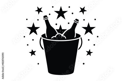 Champagne Bucket Silhouette with Ice and Festive Streamers 