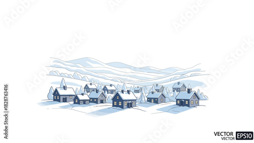 A serene winter village scene with snow-covered houses and rolling hills, featuring traditional dekoration and Christmas elements in a calm, icy landscape.