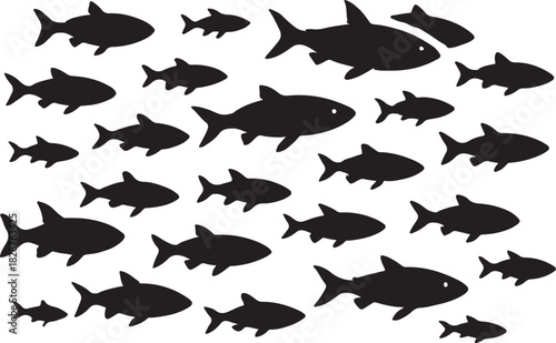 fish silhouettes swimming in a school, sea life movement, marine animals vector illustration