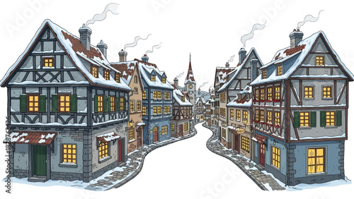 Illustration of a snow-covered European town with detailed architecture and a church steeple.