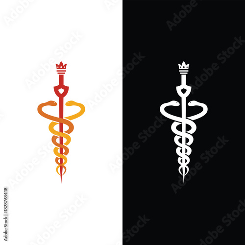 caduceus medical icon with crown and sword logo
