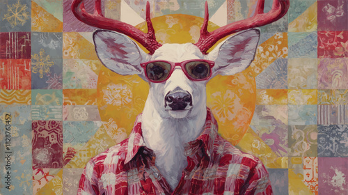 Artistic depiction of deer wearing sunglasses and flannel shirt