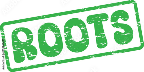 Distressed green ROOTS word stamp with weathered texture symbolizing heritage and foundation