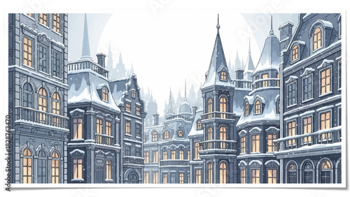 A serene winter scene of a large, gray castle complex with snow-covered roofs and warmly lit windows, showcasing intricate dekoration and a festive christmas atmosphere in a fairytale-like