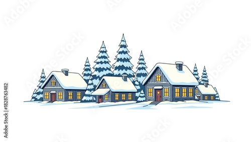A cozy winter village with snow-covered houses and pine trees, isolated on a white background.