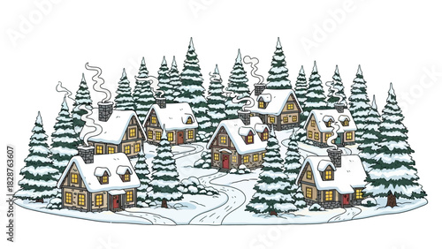 A cozy winter village scene with snow-covered houses and pine trees.