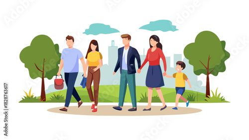 Set of family portraits. Walking outdoors in the park. Couple, father and son, mother and daughter, and all together. Vector illustration .vector icon
