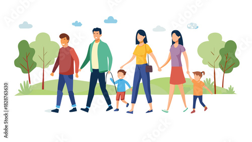 Set of family portraits. Walking outdoors in the park. Couple, father and son, mother and daughter, and all together. Vector illustration .vector icon
