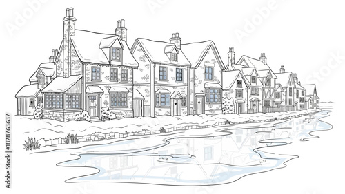 Detailed line drawing of a row of houses along a riverbank.