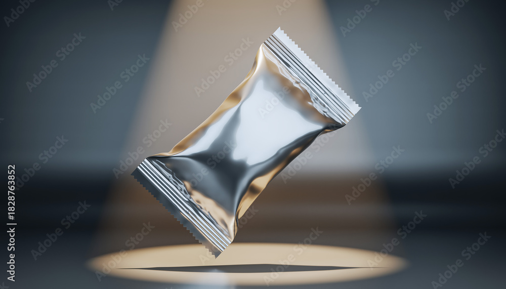 Fototapeta premium Shiny Silver Foil Packet Floating in Spotlight with Soft Background package wrapper
