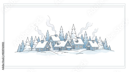 A charming hand-drawn illustration of a cozy winter village nestled among snowy pine trees with smoke coming from chimneys.