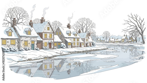 A serene winter scene of a snow-covered village with houses and trees reflected in a frozen river, evoking a peaceful Christmas dekoration atmosphere.