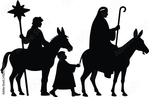 Flight to Egypt silhouette set. Mary on a donkey and Joseph walking. Christian Christmas Nativity scene elements clean silhouette vector illustration